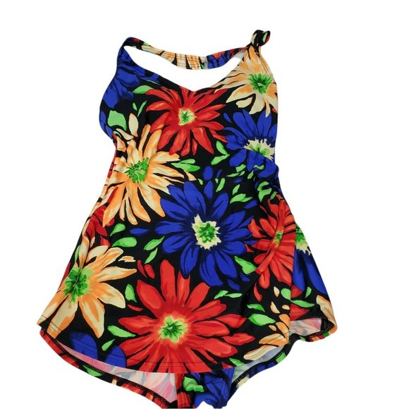 Beach Bay 1 piece Swimsuit S 10 Black Flower Print Good Coverage Colorful Halter - Picture 1 of 6